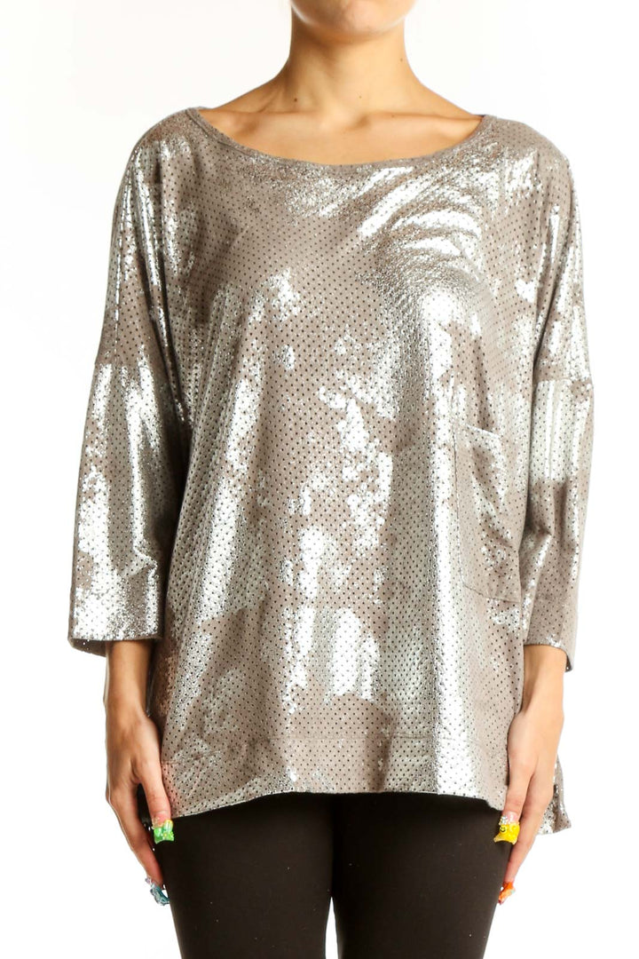 Front view of Alembika silver metallic perforated oversized top with boat neckline