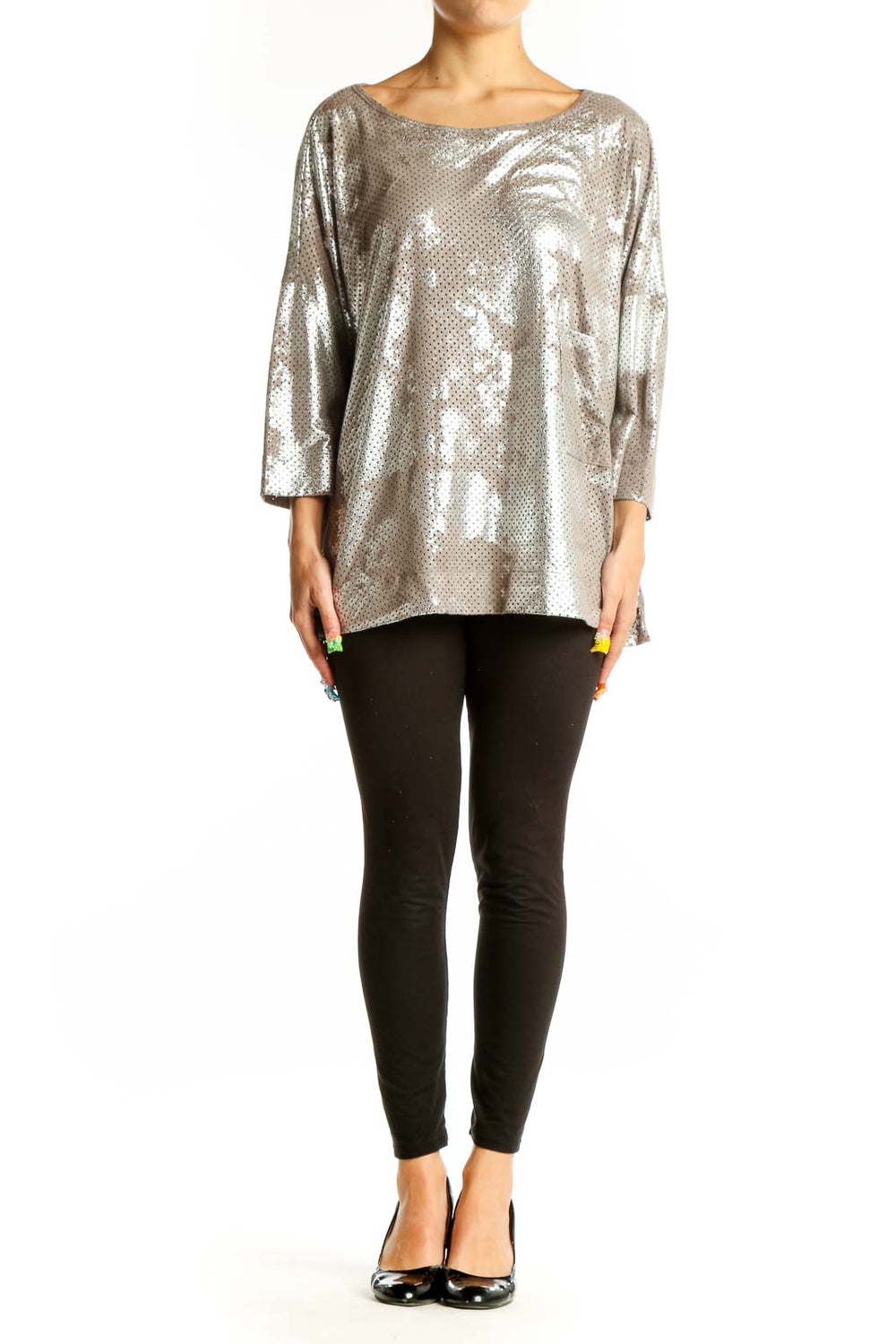 Front view of Alembika silver metallic perforated oversized top with boat neckline