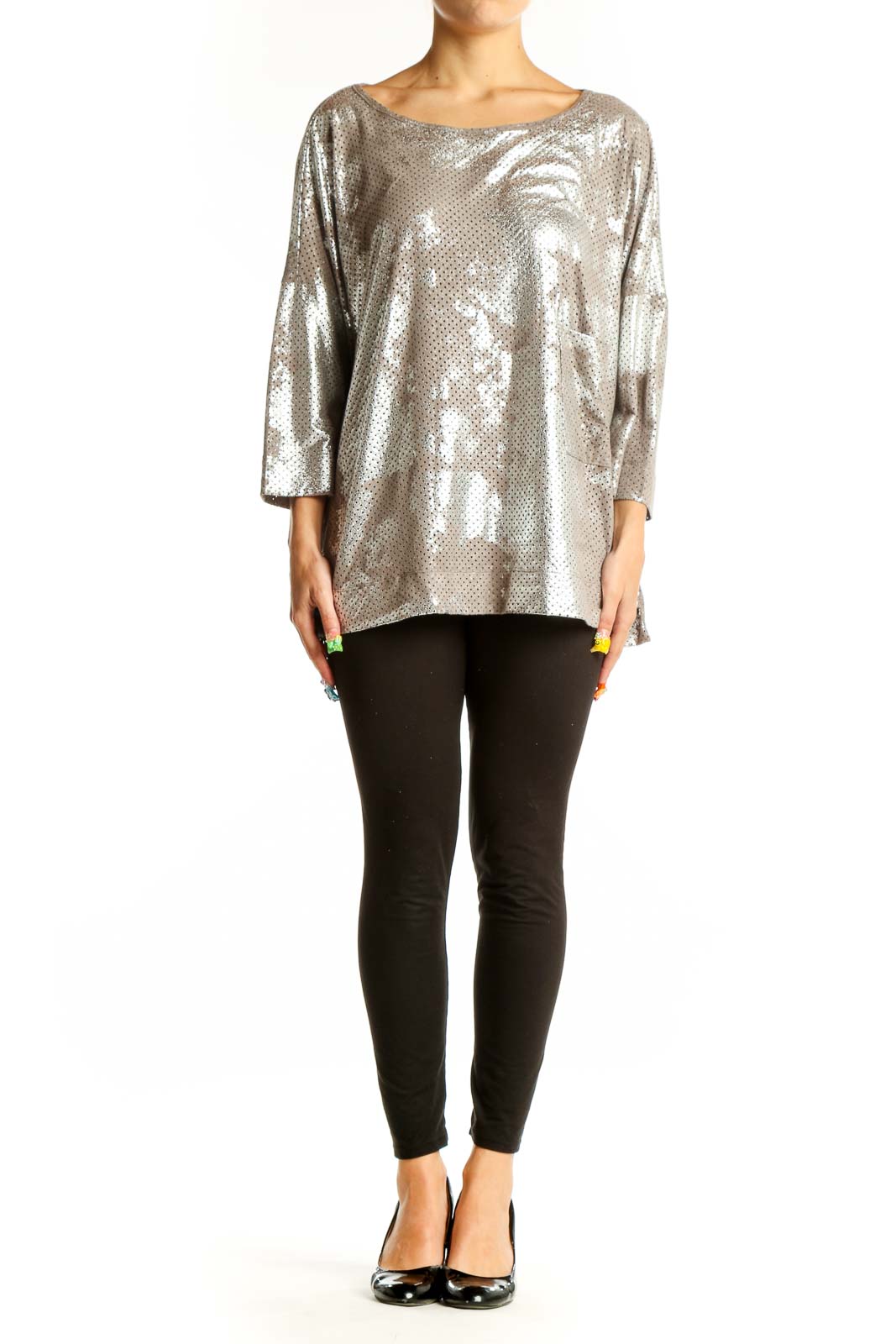 Front view of Alembika silver metallic perforated oversized top with boat neckline