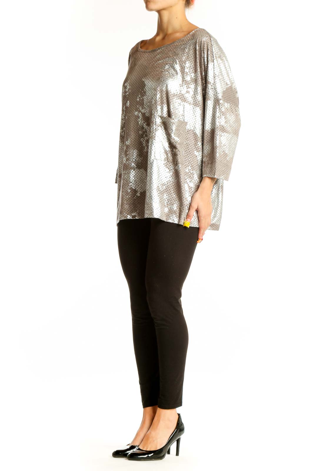 Front view of Alembika silver metallic perforated oversized top with boat neckline