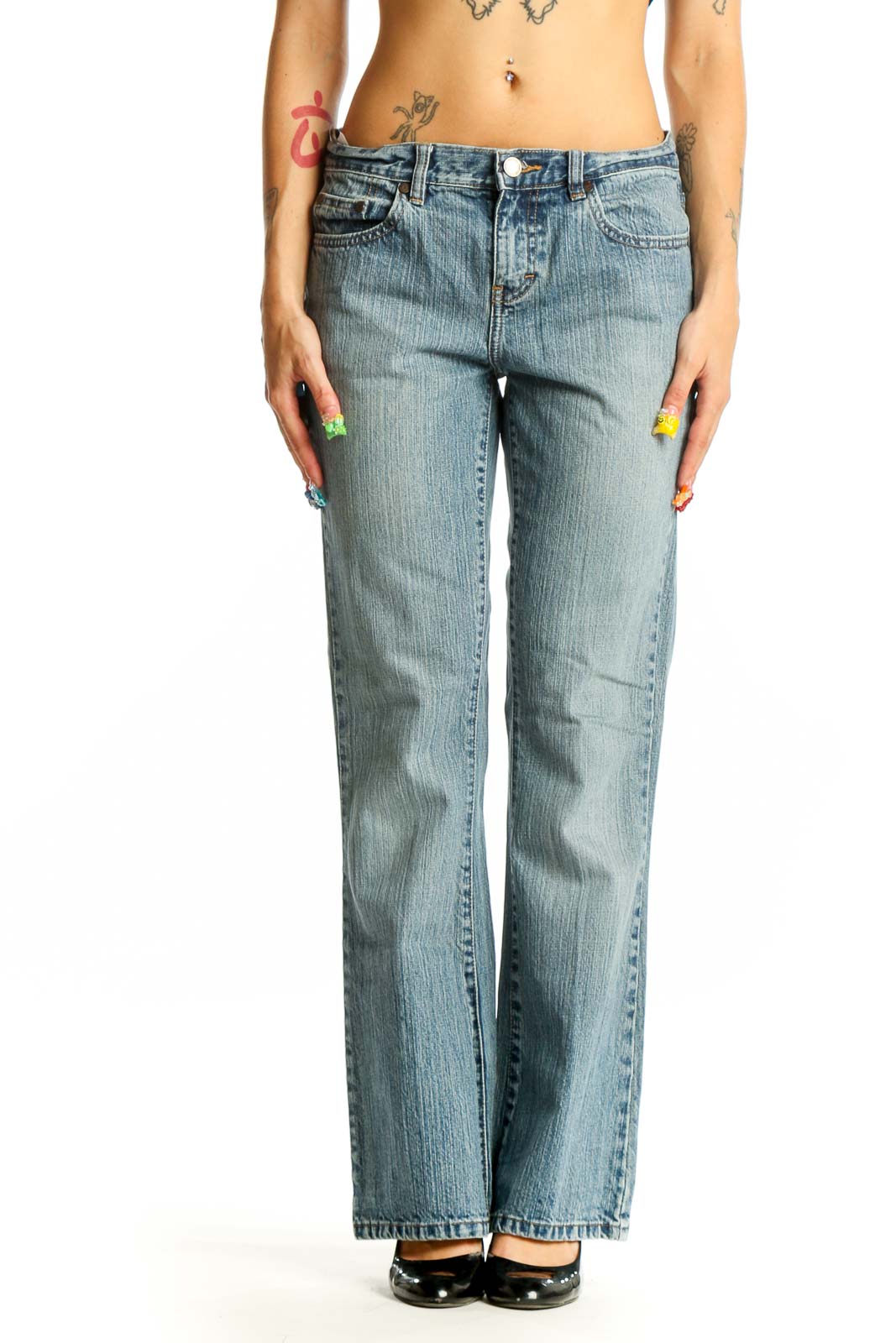 Front view of Calvin Klein light blue straight leg jeans on model