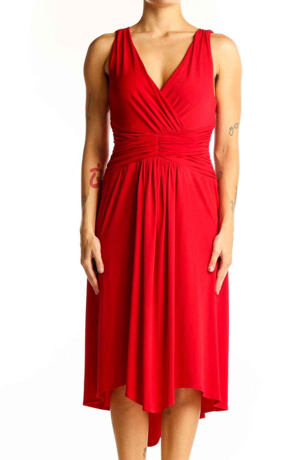 Front view of red London Times midi dress with wrap-style bodice and ruched waist