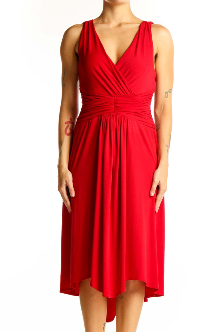 Front view of red London Times midi dress with wrap-style bodice and ruched waist