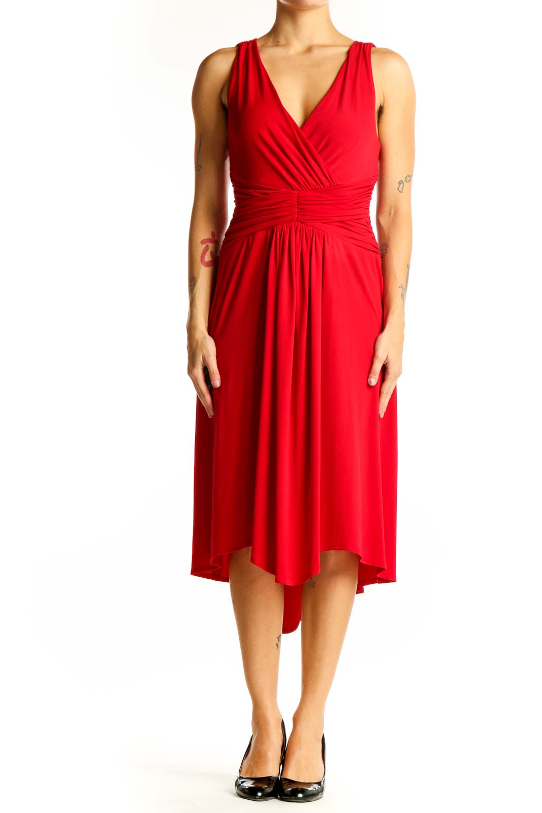 Front view of red London Times midi dress with wrap-style bodice and ruched waist