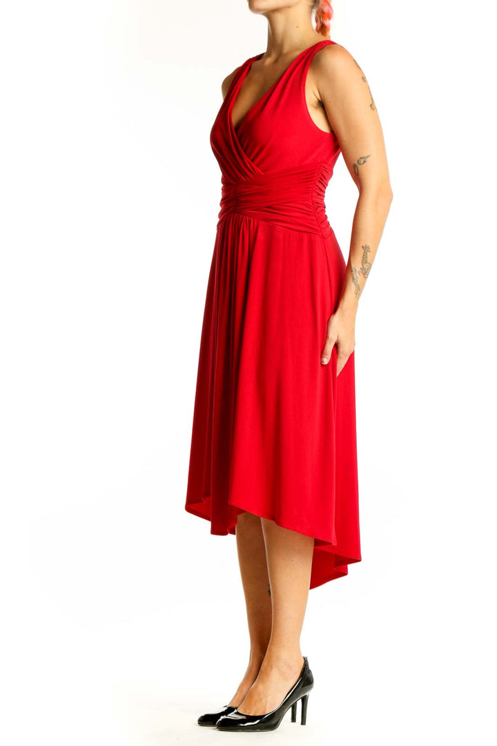 Front view of red London Times midi dress with wrap-style bodice and ruched waist