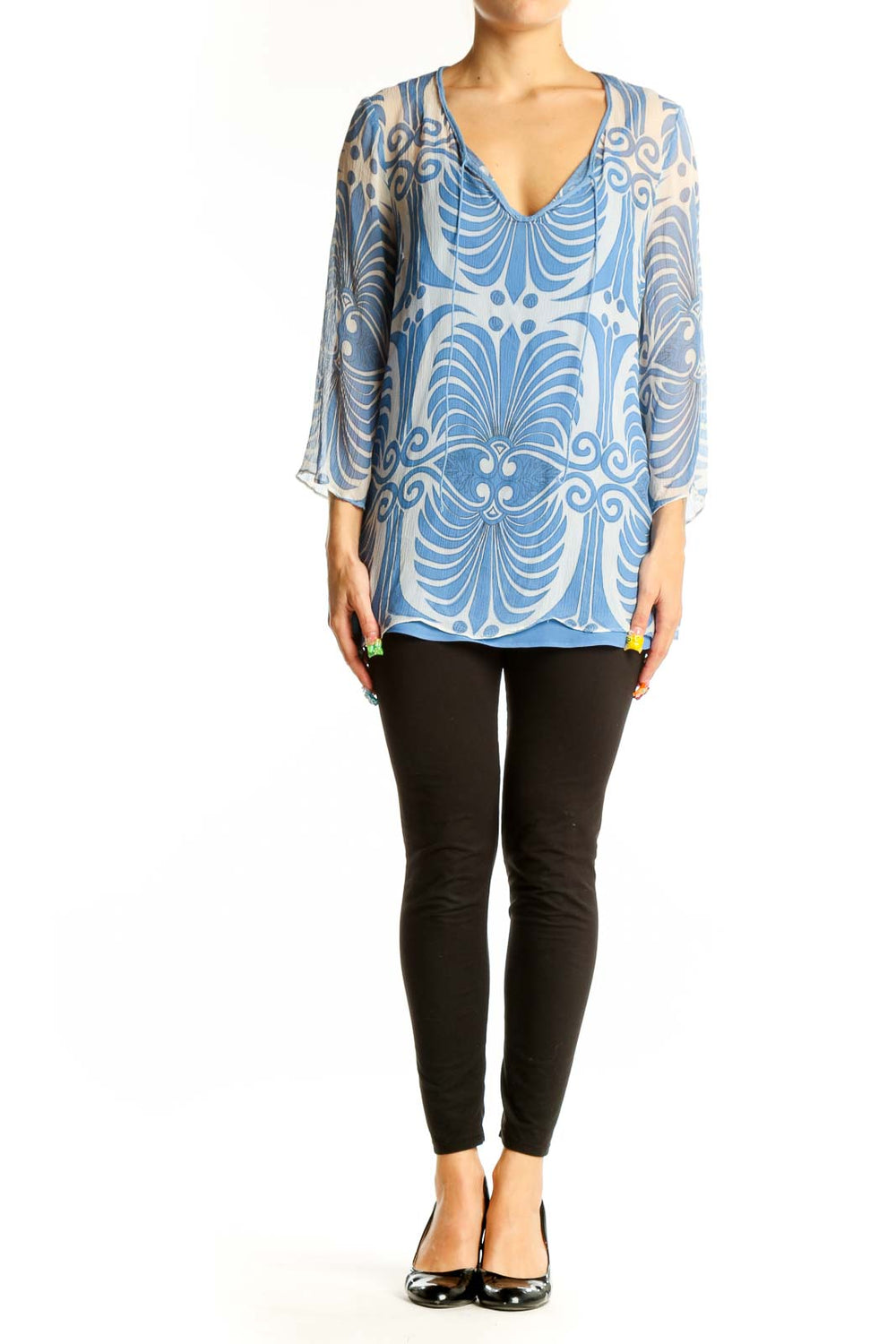Front view of SilkRoll blue floral print sheer V-neck tunic