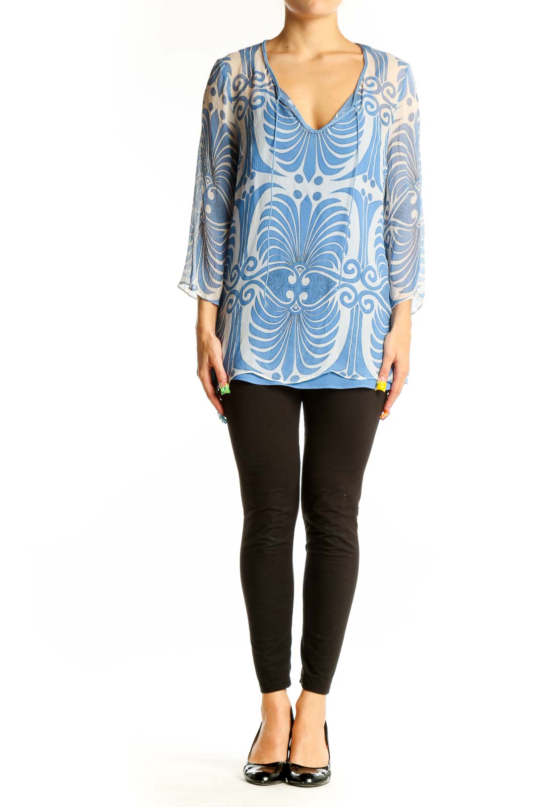 Front view of SilkRoll blue floral print sheer V-neck tunic