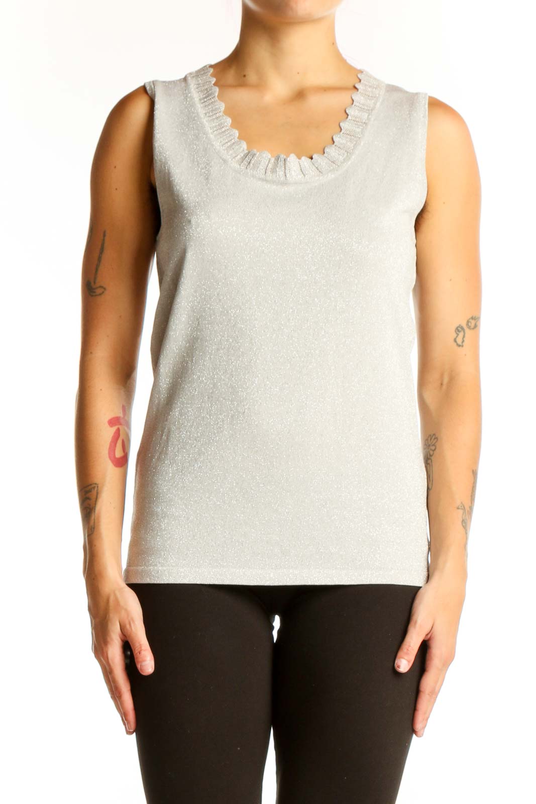 Front view of Birch Hill silver sleeveless shimmer top with ruffle neckline