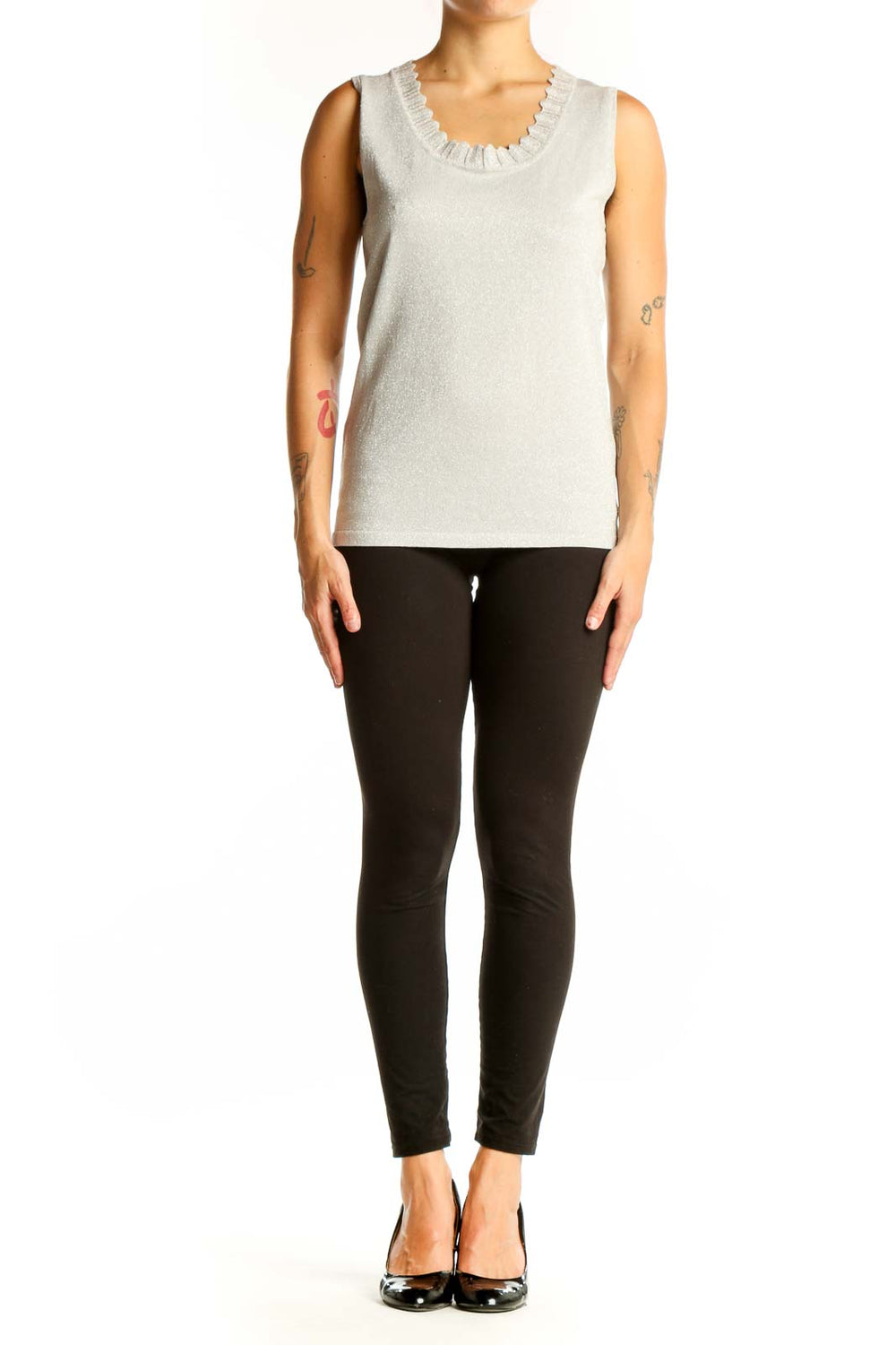 Front view of Birch Hill silver sleeveless shimmer top with ruffle neckline