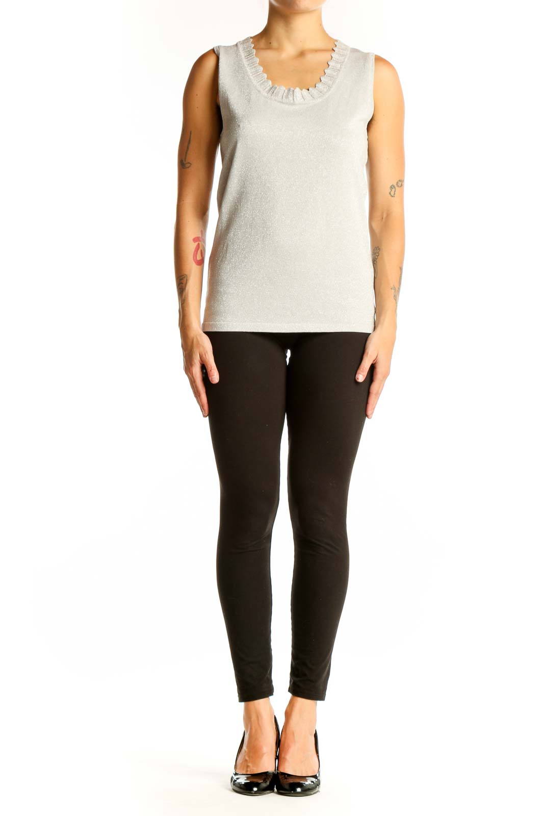 Front view of Birch Hill silver sleeveless shimmer top with ruffle neckline