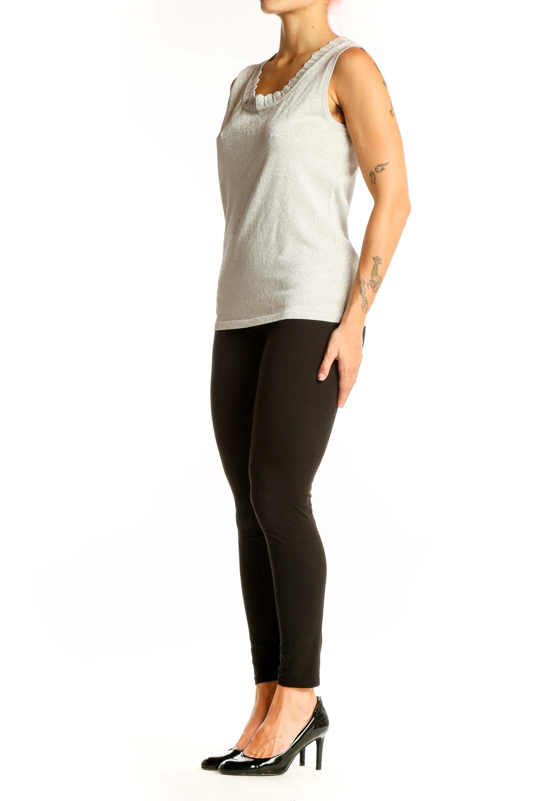 Front view of Birch Hill silver sleeveless shimmer top with ruffle neckline