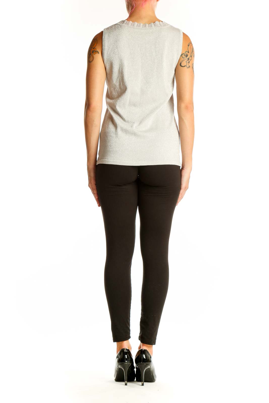 Side view of Birch Hill silver sleeveless shimmer top on model
