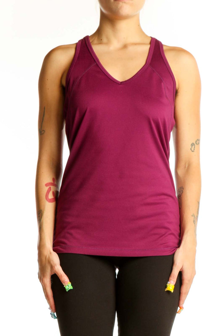 Front view of burgundy Alo V-neck athletic tank top