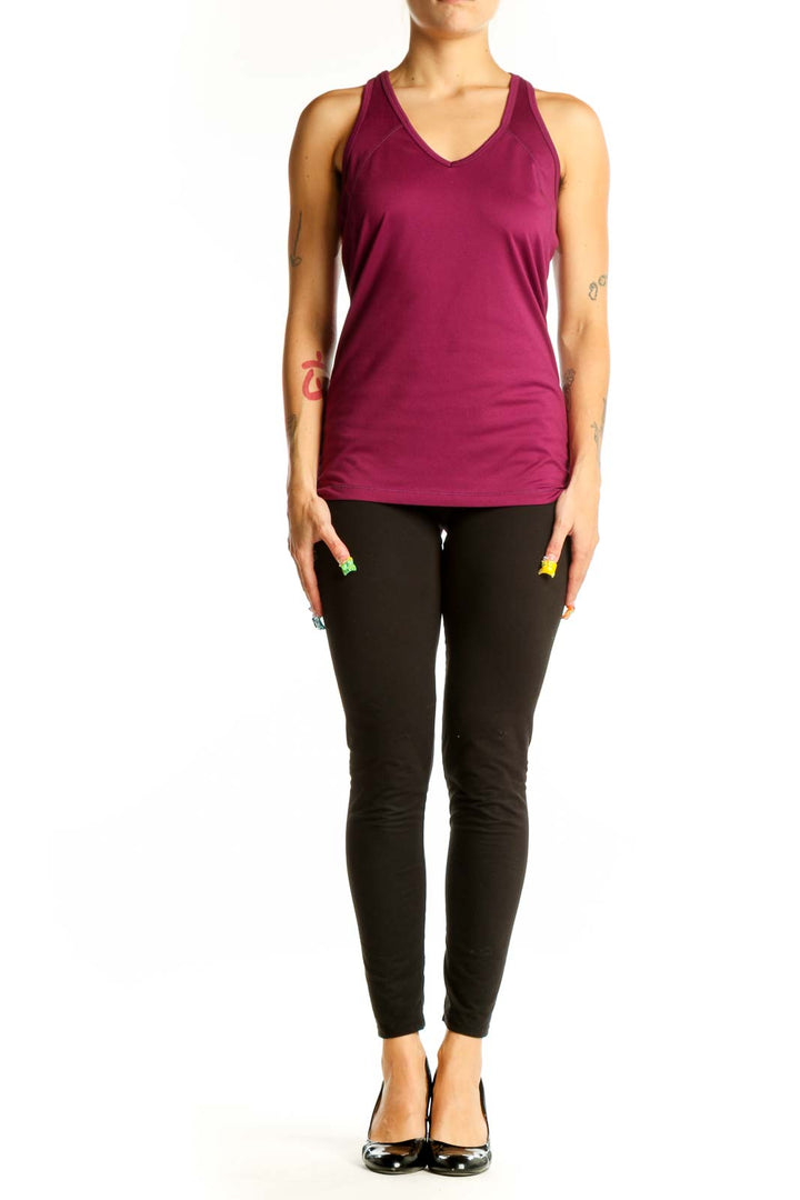 Front view of burgundy Alo V-neck athletic tank top