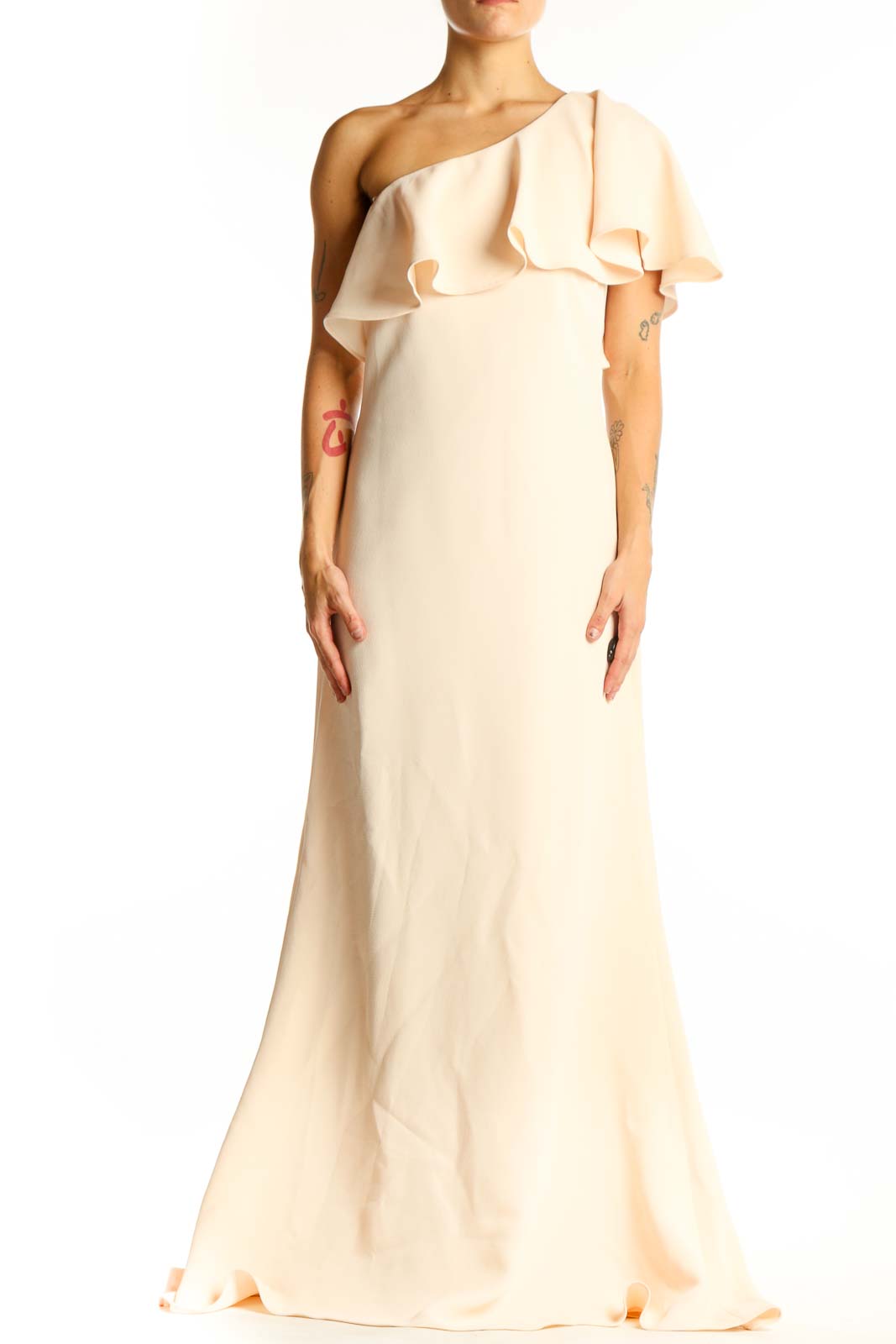 Front view of cream Vince Camuto one-shoulder maxi dress with ruffled overlay