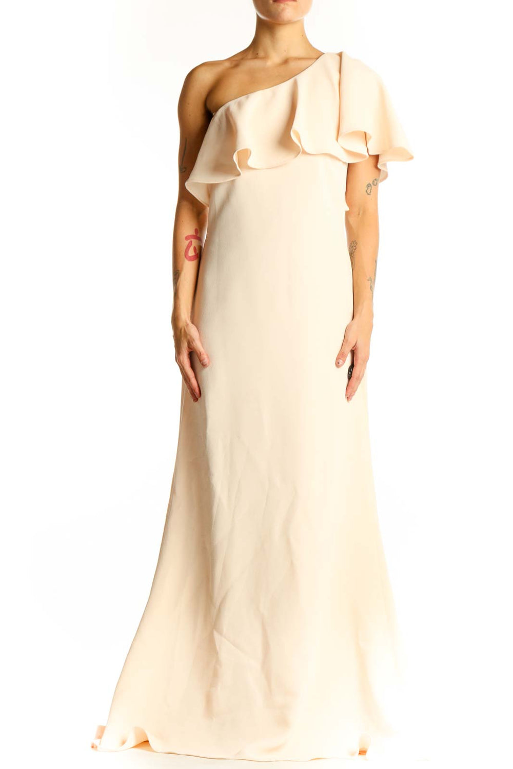 Front view of cream Vince Camuto one-shoulder maxi dress with ruffled overlay