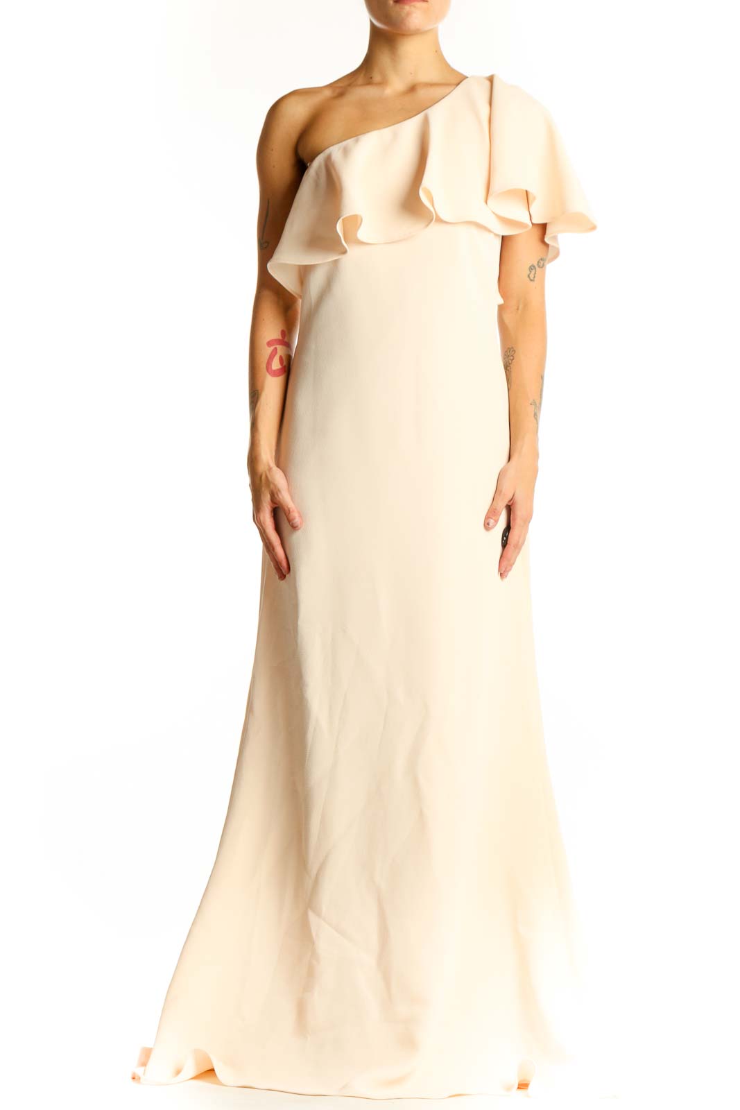Front view of cream Vince Camuto one-shoulder maxi dress with ruffled overlay