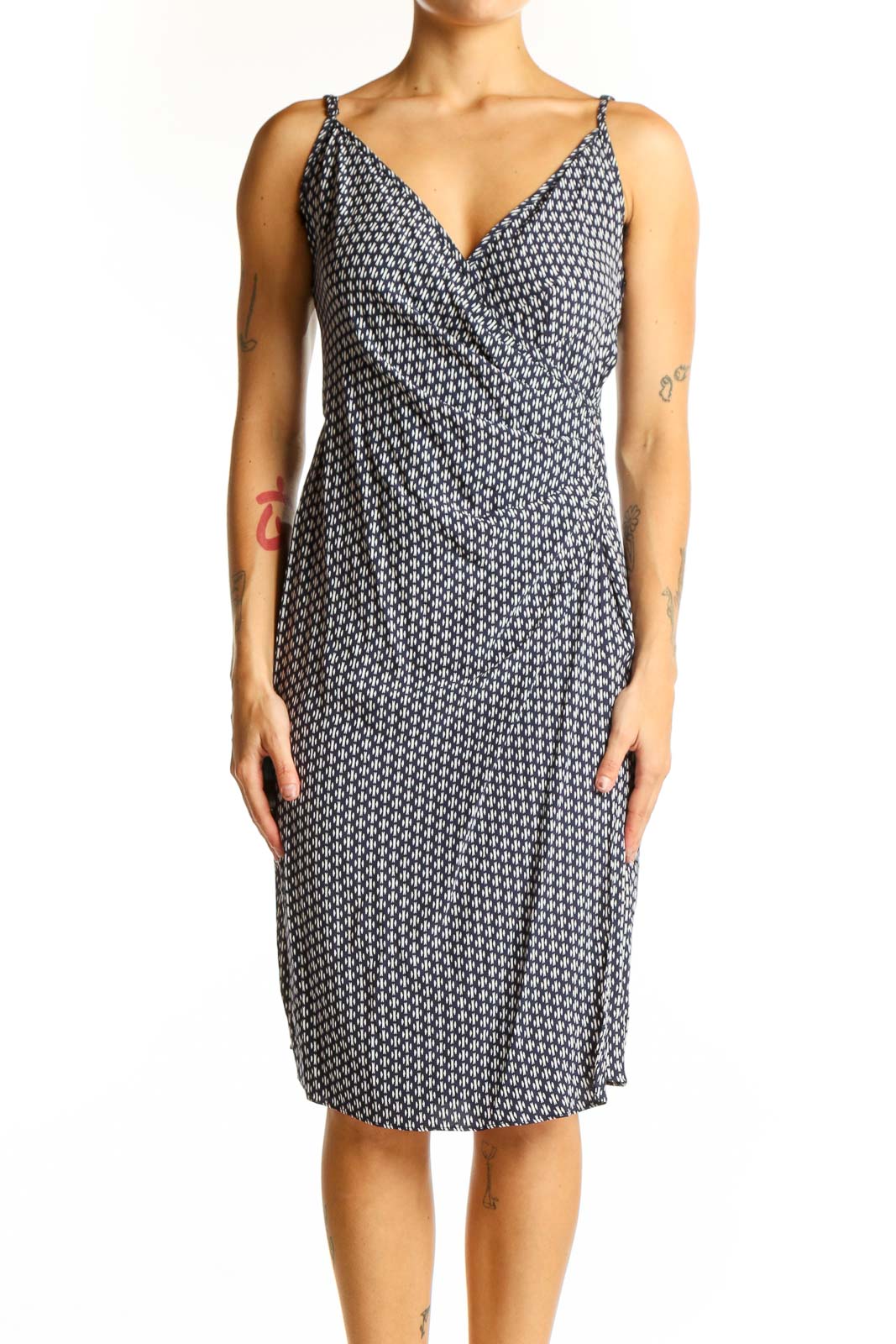 Front view of Bailey 44 black geometric print wrap dress with V-neckline and adjustable straps