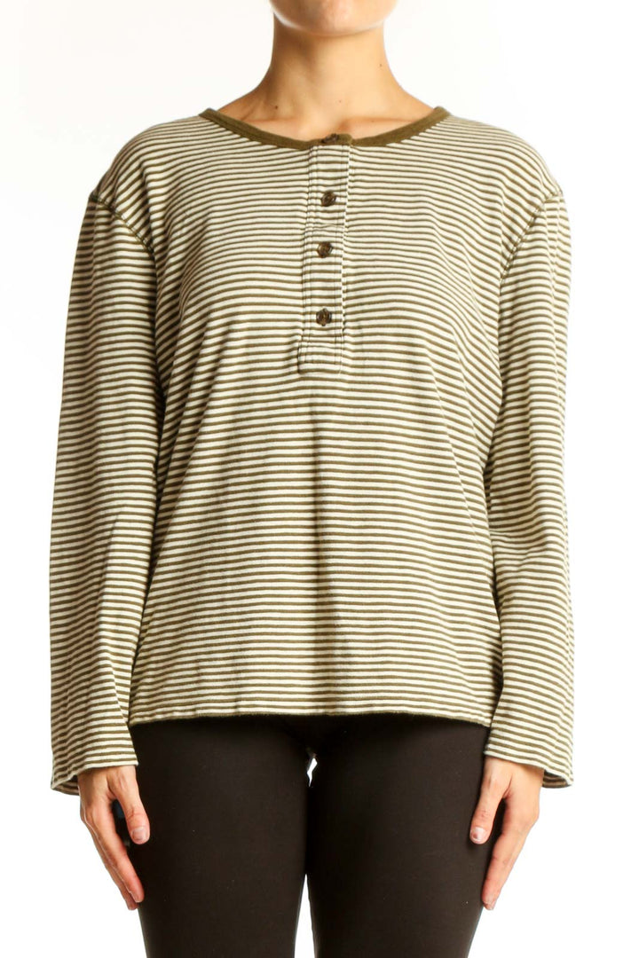 Front view of Banana Republic Olive Striped Long Sleeve Henley Top
