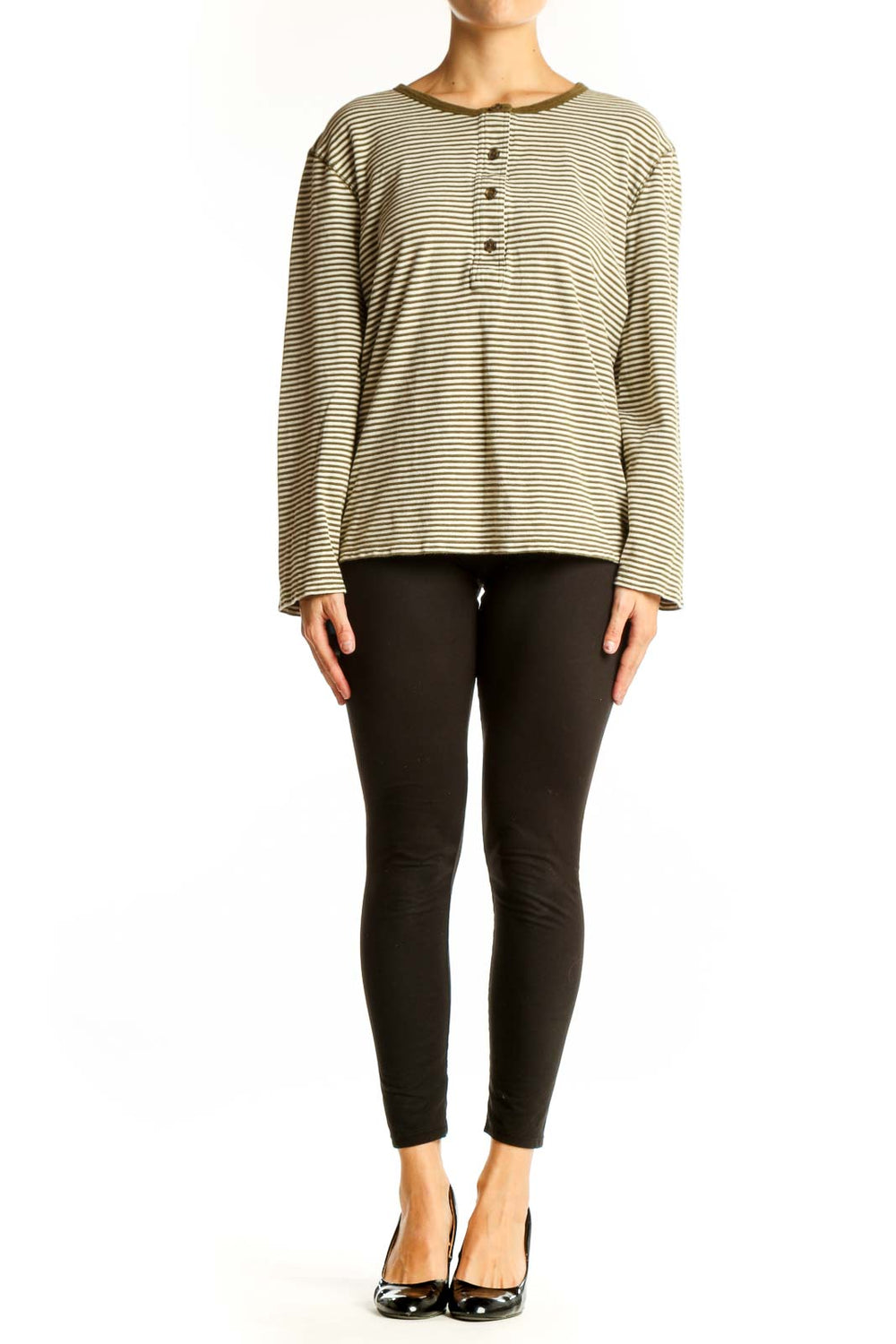 Front view of Banana Republic Olive Striped Long Sleeve Henley Top