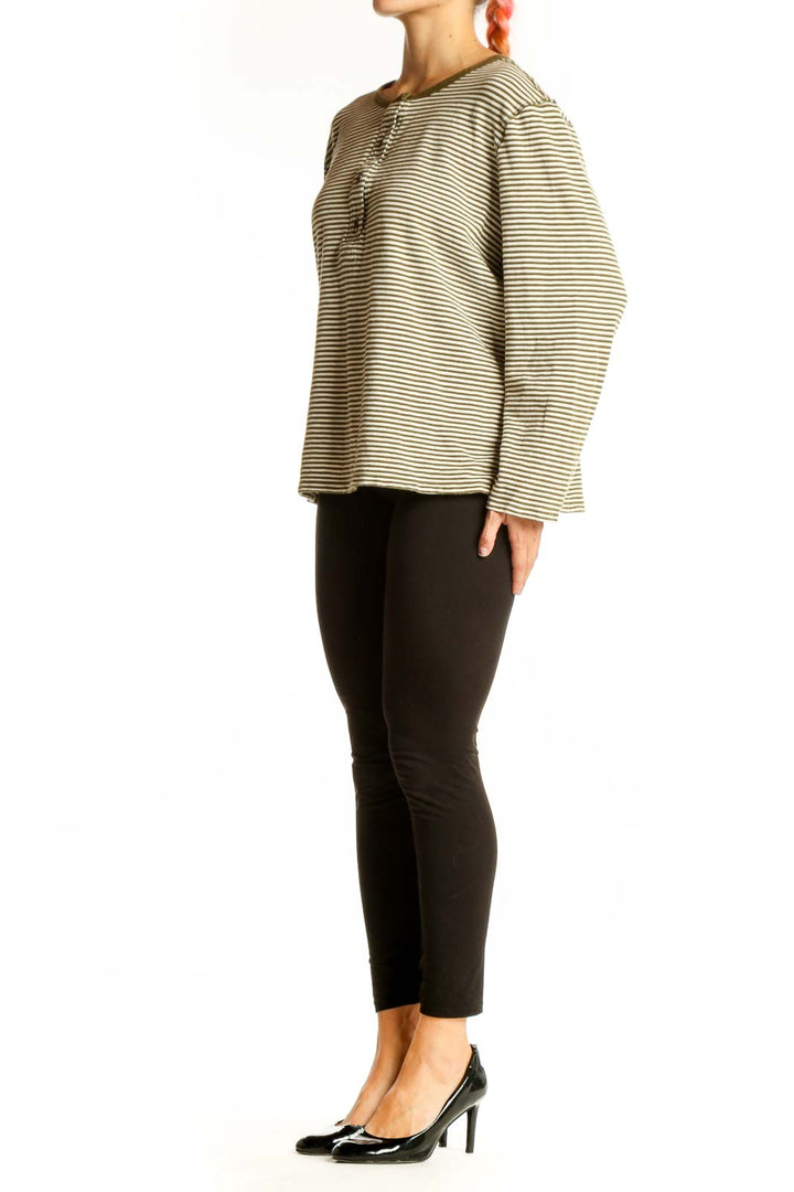 Front view of Banana Republic Olive Striped Long Sleeve Henley Top