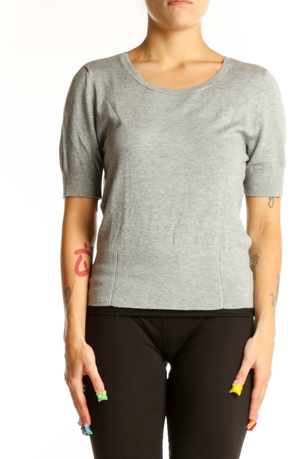 Front view of gray short-sleeve knit top from White House Black Market