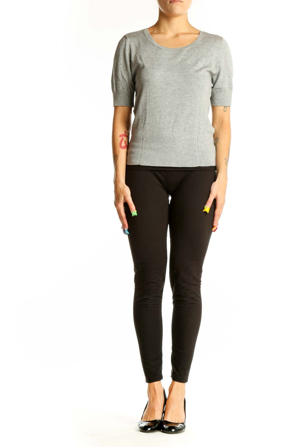 Front view of gray short-sleeve knit top from White House Black Market