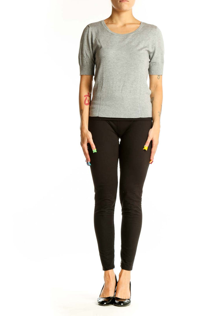 Front view of gray short-sleeve knit top from White House Black Market