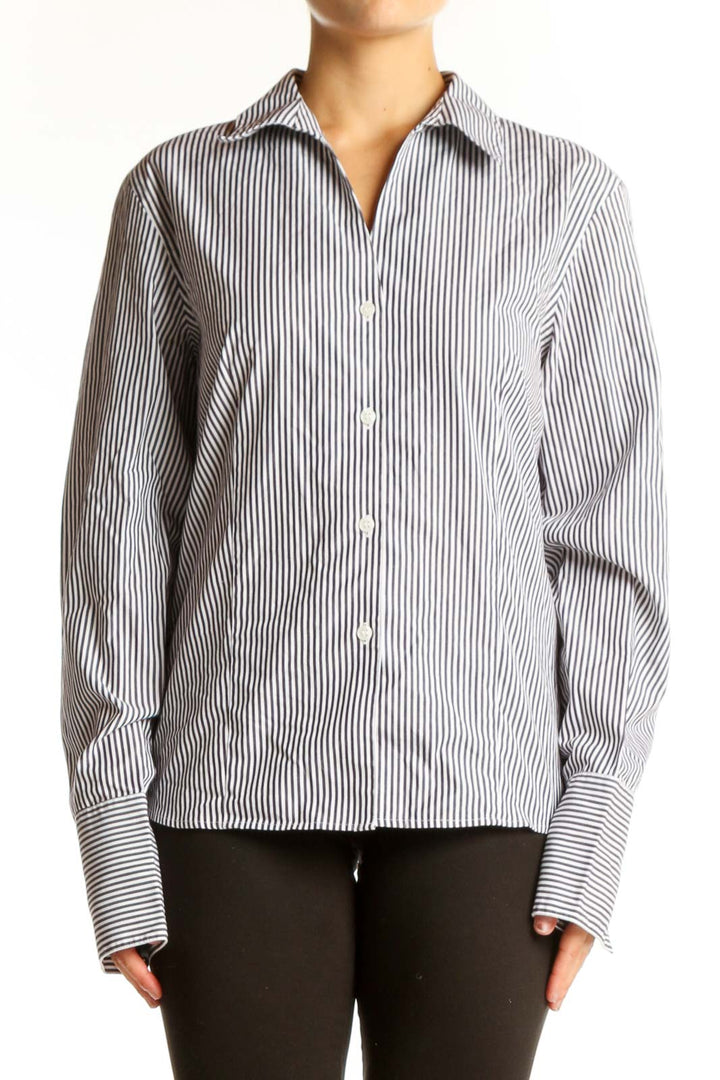 Front view of Calvin Klein gray striped cotton button-up shirt