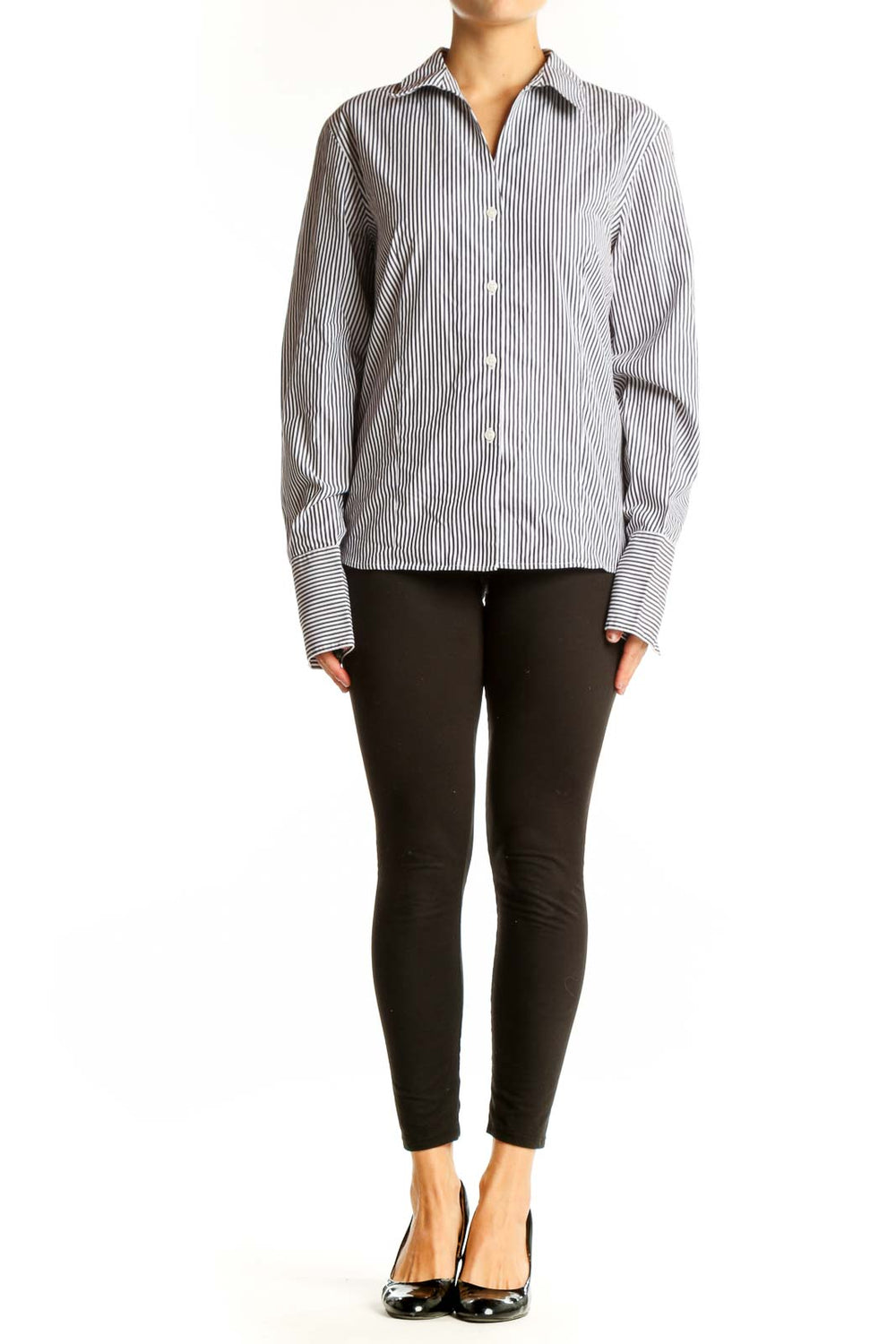 Front view of Calvin Klein gray striped cotton button-up shirt