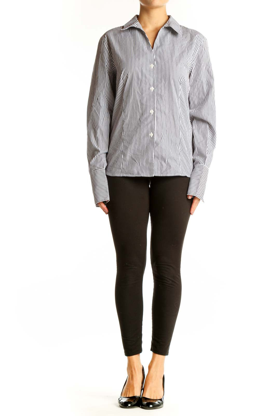 Front view of Calvin Klein gray striped cotton button-up shirt