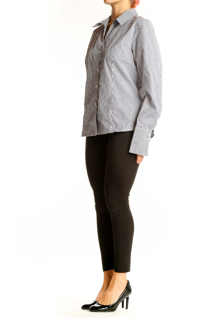 Front view of Calvin Klein gray striped cotton button-up shirt