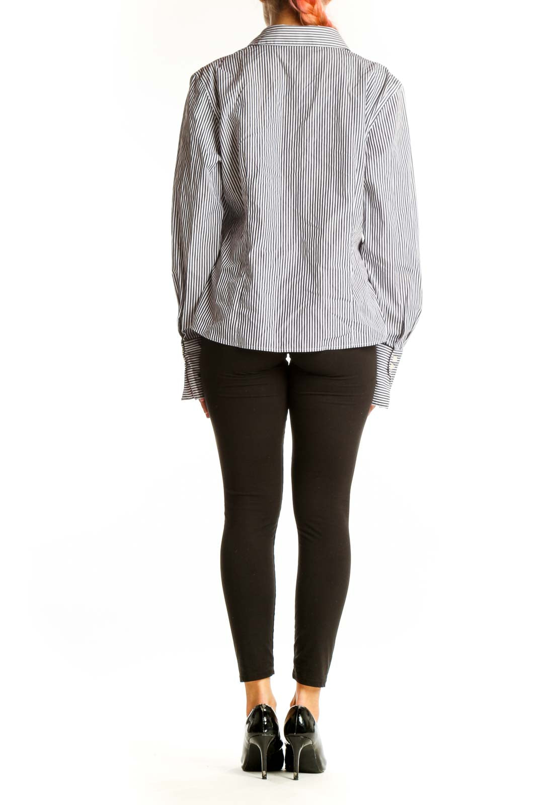 Back view of Calvin Klein gray striped cotton button-up shirt on model