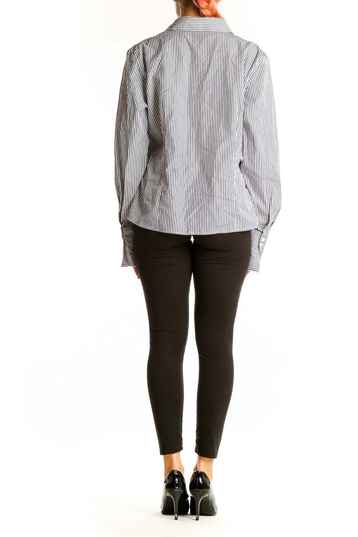 Back view of Calvin Klein gray striped cotton button-up shirt on model