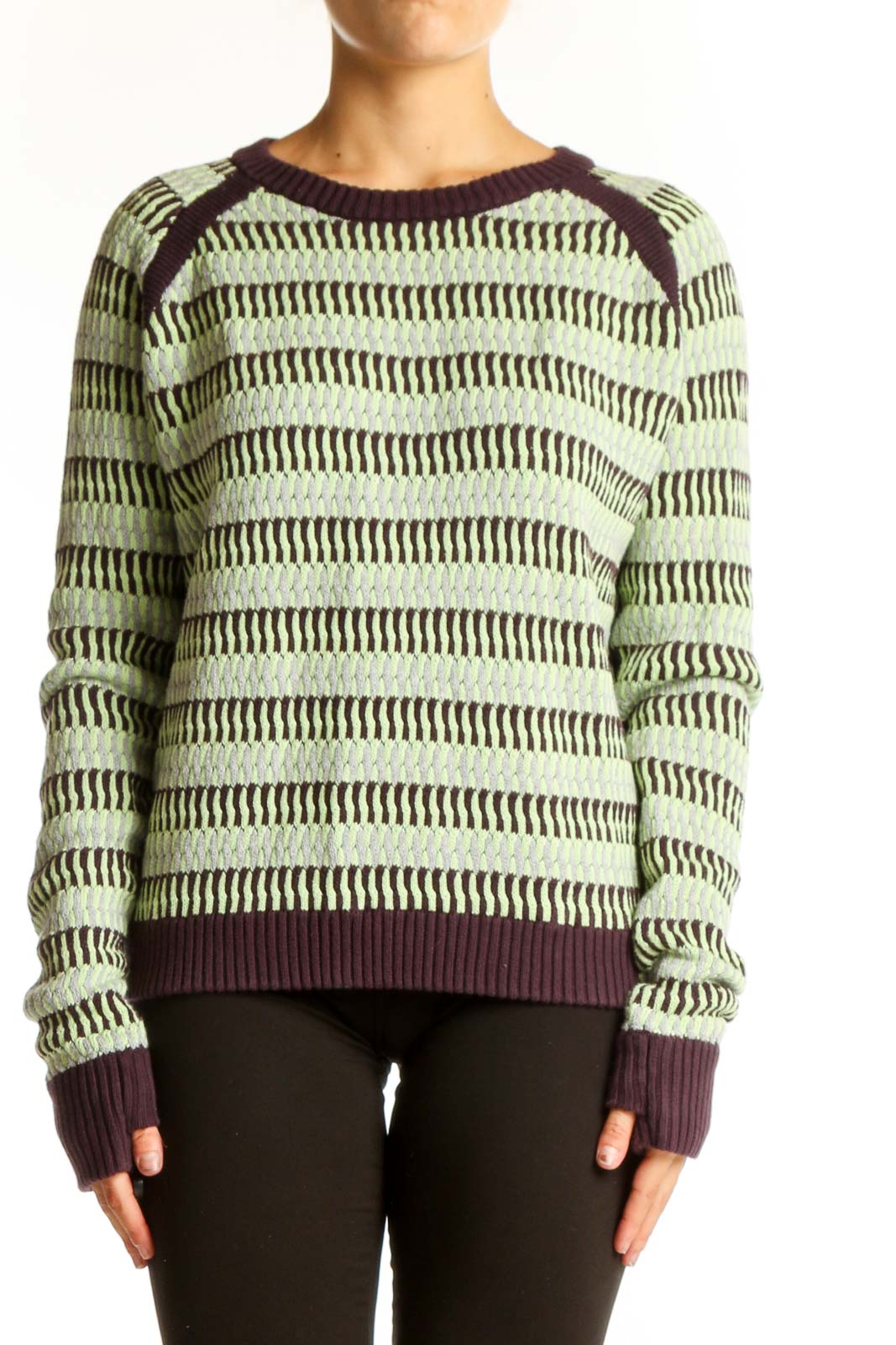 Front view of Lululemon mint green striped cotton knit sweater with purple accents