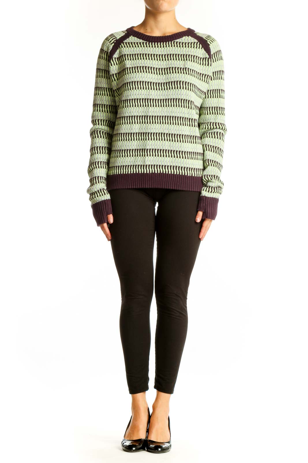 Front view of Lululemon mint green striped cotton knit sweater with purple accents