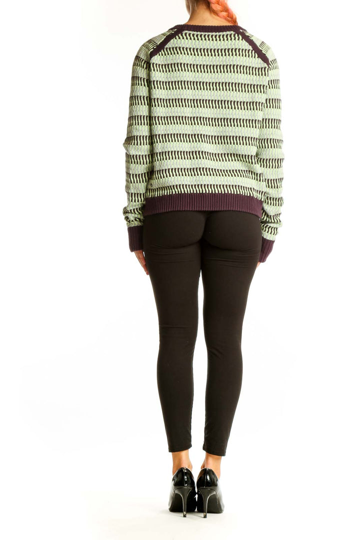 Back view of Lululemon mint green striped cotton knit sweater showing full length and fit