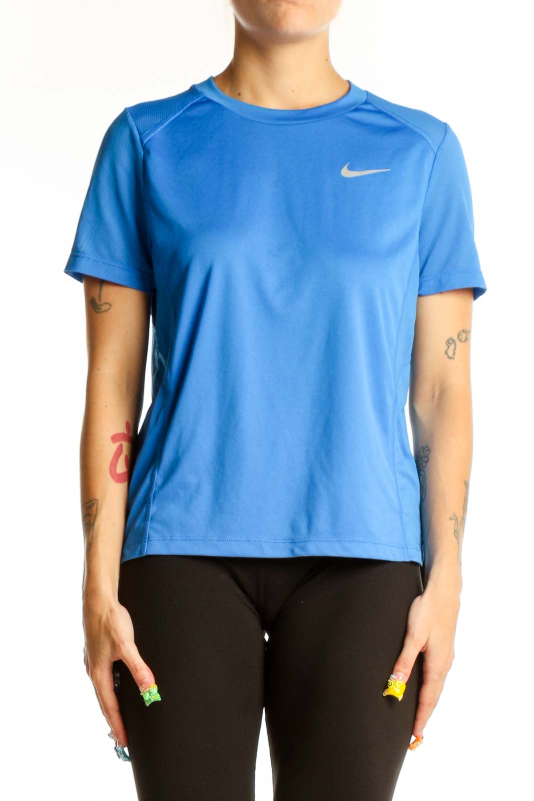 Front view of blue Nike short-sleeve performance top