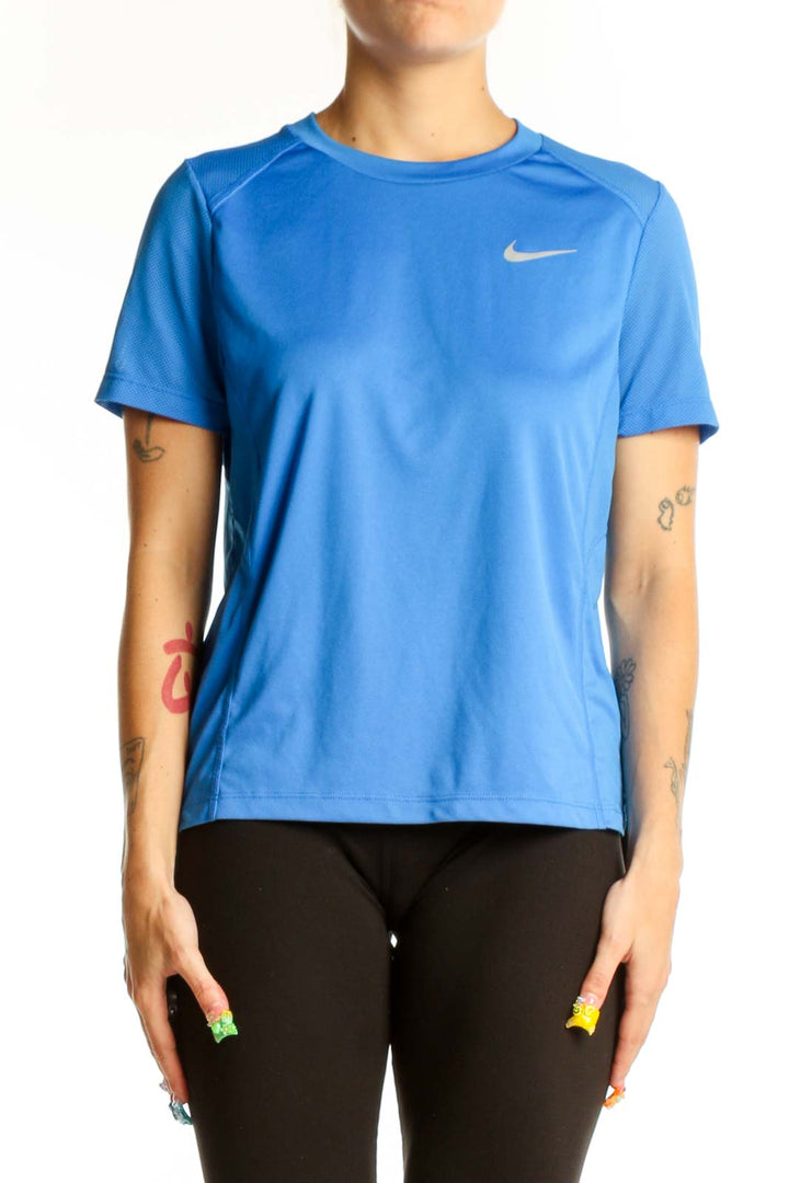 Front view of blue Nike short-sleeve performance top