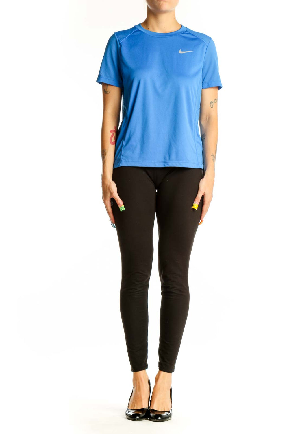 Front view of blue Nike short-sleeve performance top