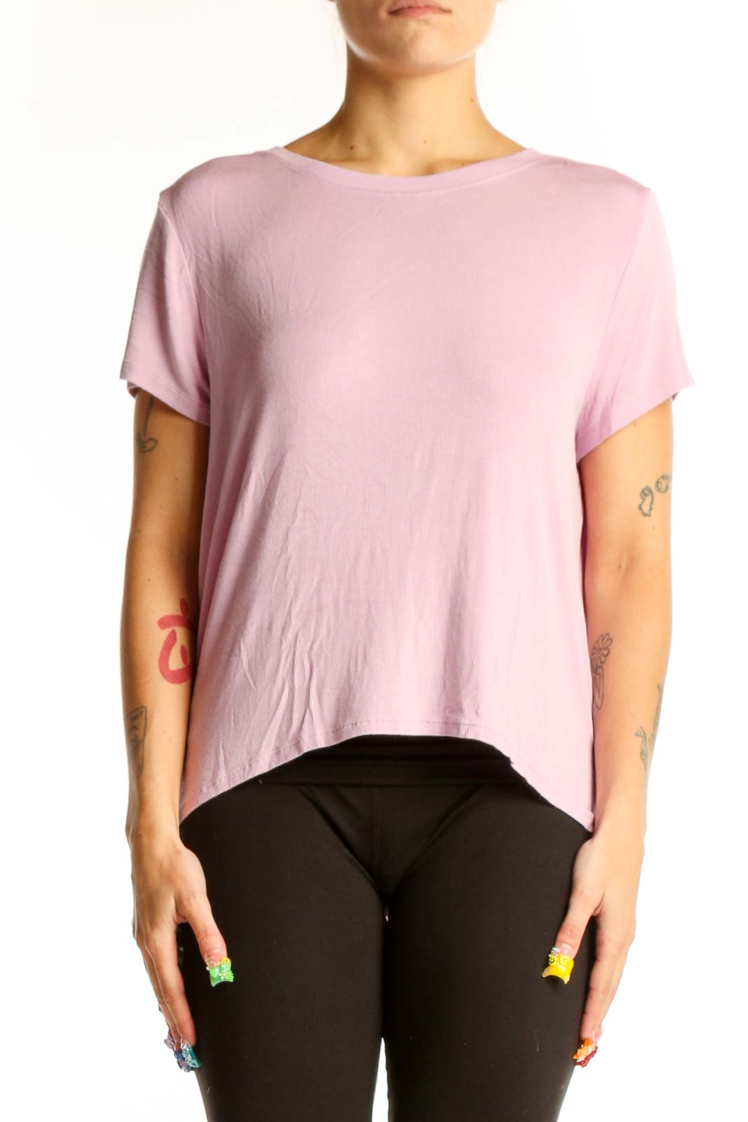 Front view of pink Athleta athletic top with short sleeves and crew neck