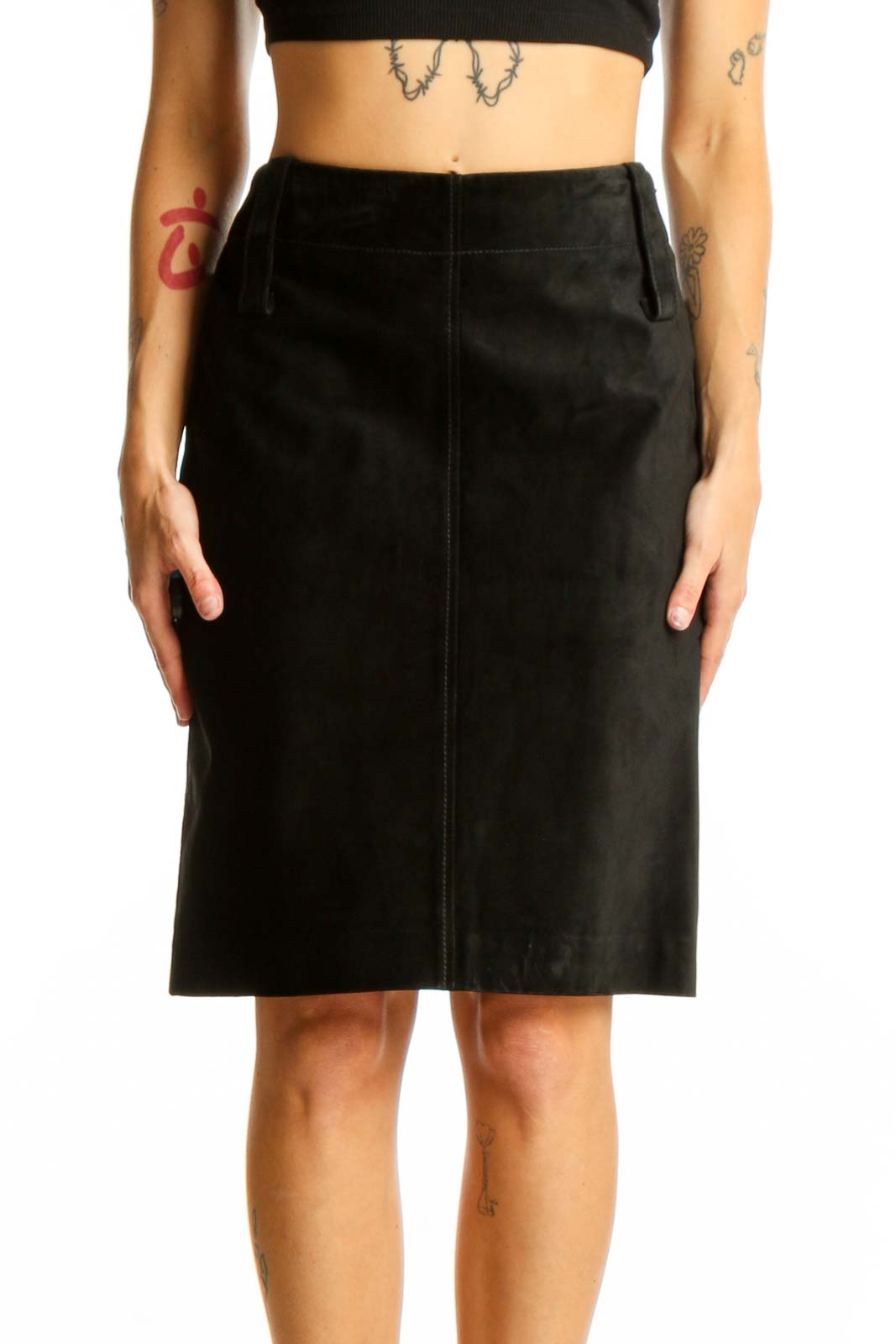 Front view of DKNY black leather pencil skirt