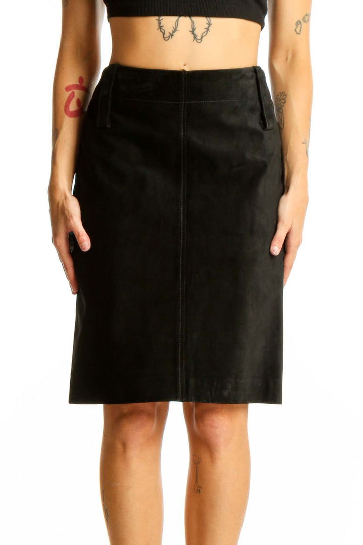 Front view of DKNY black leather pencil skirt