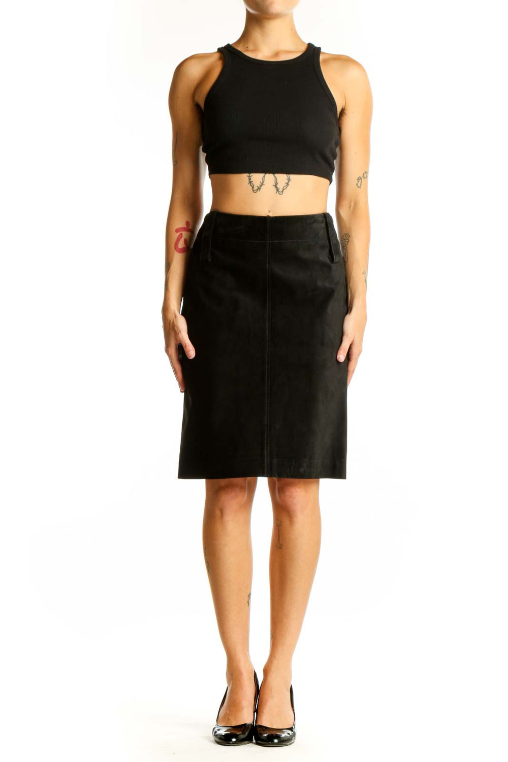 Front view of DKNY black leather pencil skirt