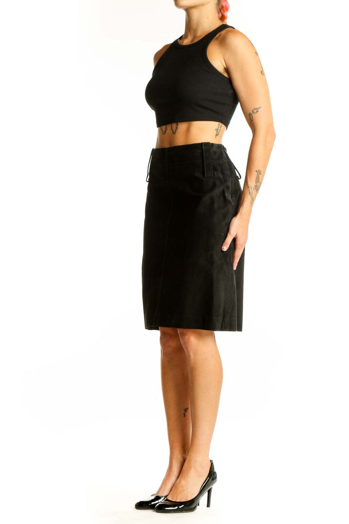 Front view of DKNY black leather pencil skirt