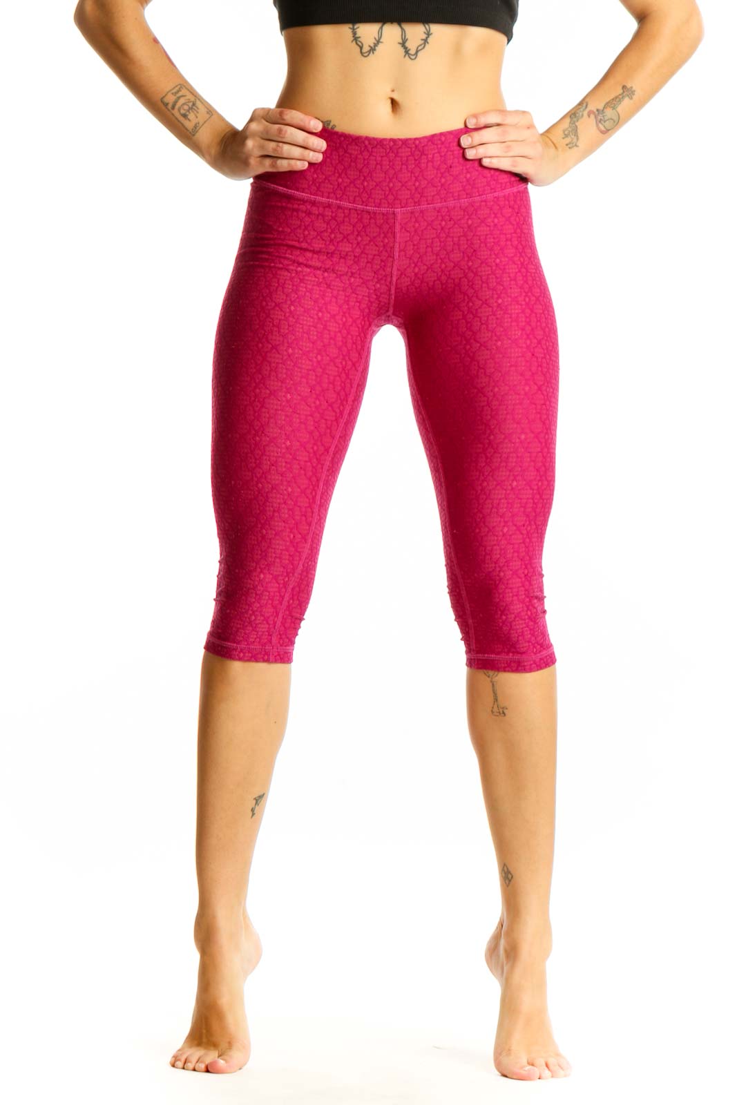 Front view of pink textured capri leggings from prAna