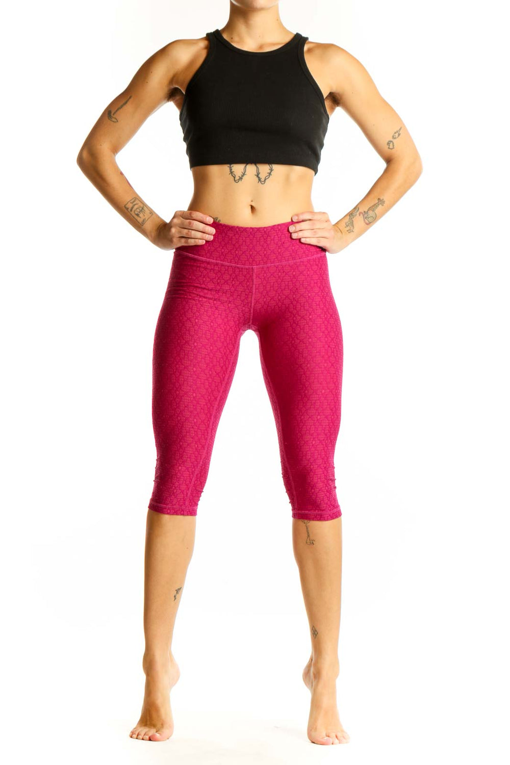 Front view of pink textured capri leggings from prAna