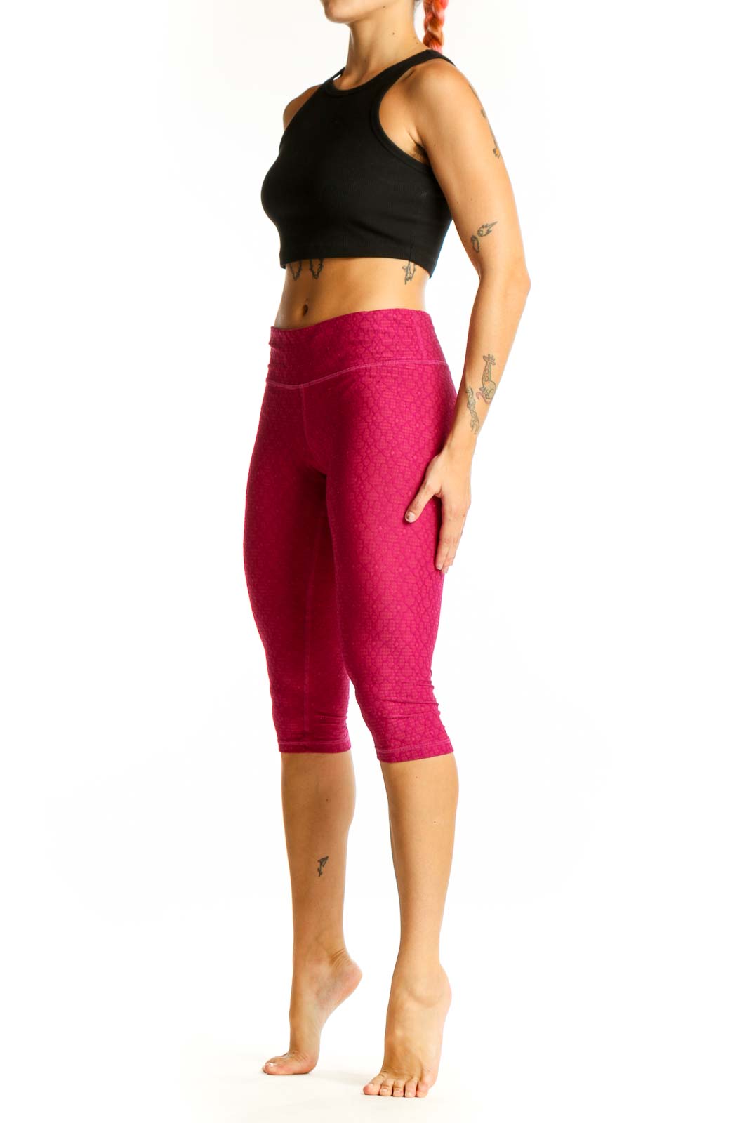 Front view of pink textured capri leggings from prAna