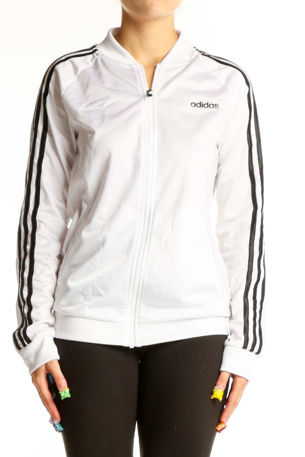 Front view of white Adidas track jacket with black stripes