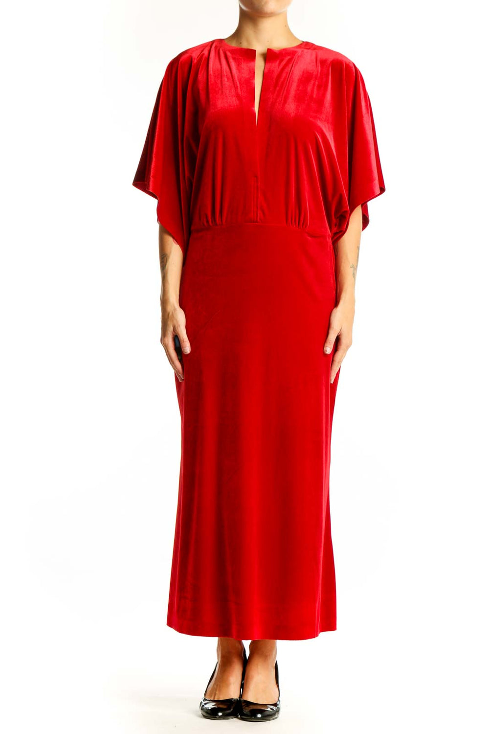 Front view of red velvet maxi dress with batwing sleeves by NORMA KAMALI
